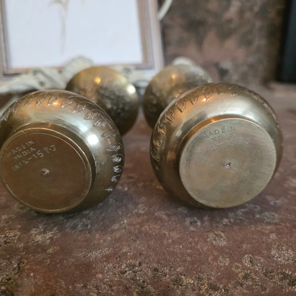 Vintage Brass Bud Vases Set of 2 Hand Etched Floral Made in India Gold Boho MCM